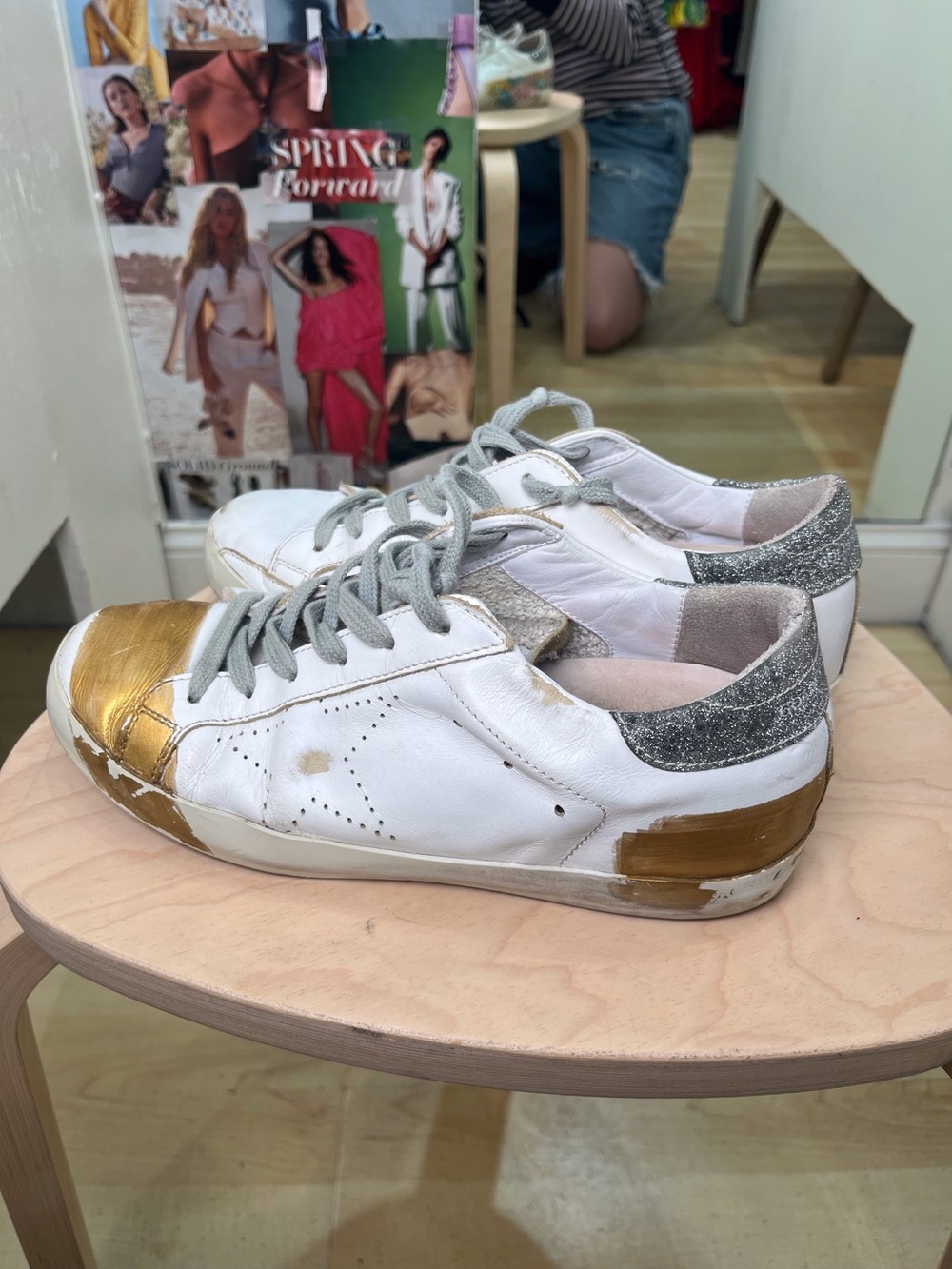 Golden Goose White Leather Sneakers with Floral Side Art and Gold Toe - Picture 2 of 5